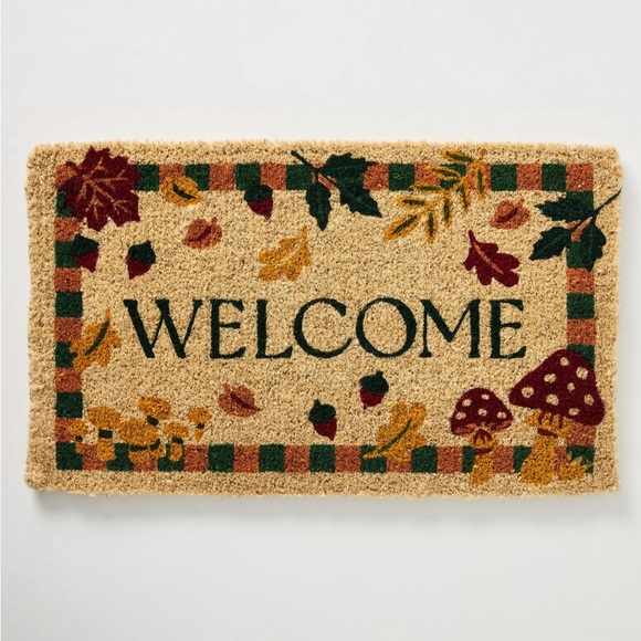 Anthropologie Other - Anthropologie Welcome Printed Bordered Coir Doormat Mushroom & Leaves NEW